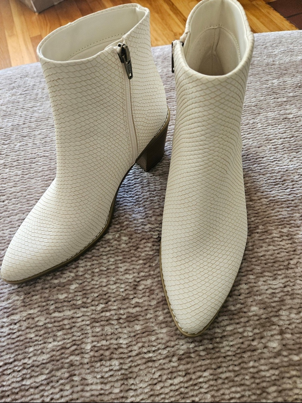 Cream Textured Ankle Bootie with Block Heel